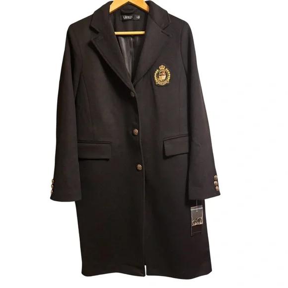 NWT Ralph Lauren Crest-Patch Wool-Blend Coat Size 12 Black - Picture 2 of 11